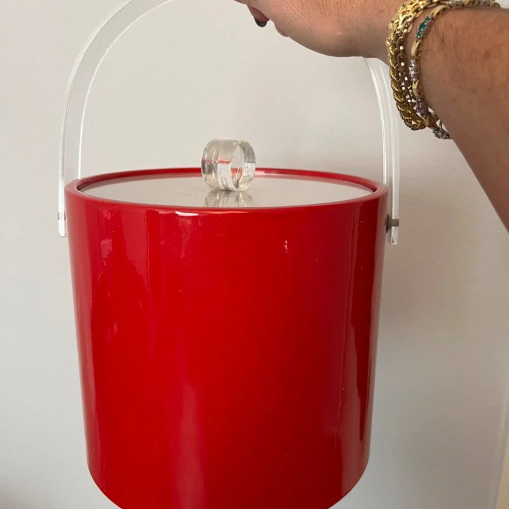 MCM Shelton-Ware Retro RED Ice Bucket W Clear Lucite Lid & Handle